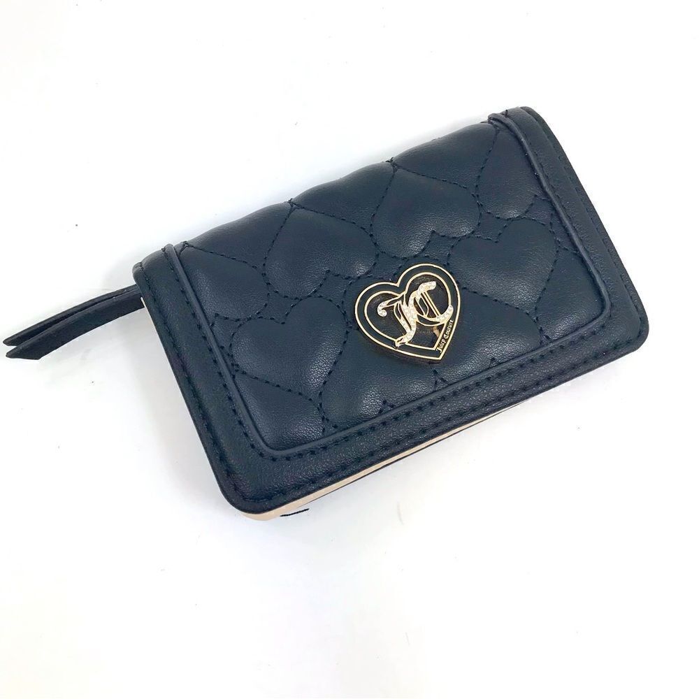 Juicy Couture Black Heart Quilted Monogram Heart Card Case Mini Snap Wallet